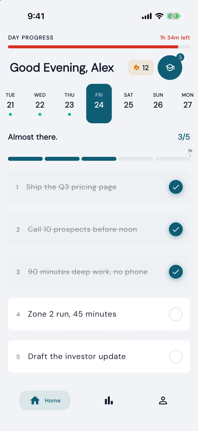 Win the Day list with three of five tasks done and a 12 day streak.